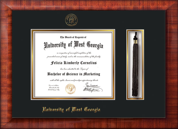 Image of University of West Georgia Diploma Frame - Mezzo Gloss - w/UWG Embossed Seal & Name - Tassel Holder - Black on Gold mat