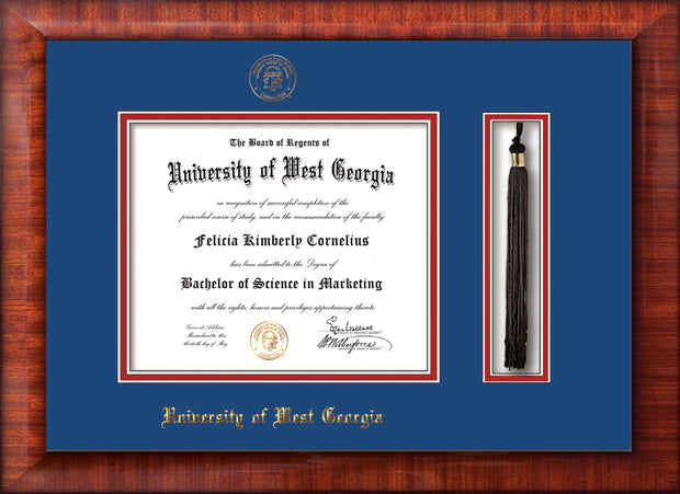 Image of University of West Georgia Diploma Frame - Mezzo Gloss - w/UWG Embossed Seal & Name - Tassel Holder - Royal Blue on Crimson mat