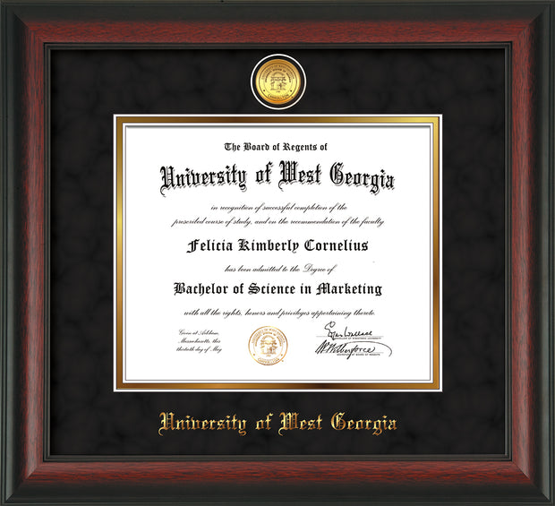 Image of University of West Georgia Diploma Frame - Rosewood - w/24k Gold Plated Medallion UWG Name Embossing - Black Suede on Gold Mat