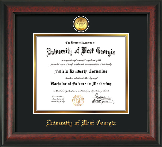 Image of University of West Georgia Diploma Frame - Rosewood - w/24k Gold Plated Medallion UWG Name Embossing - Black on Gold Mat