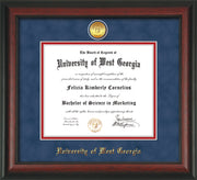 Image of University of West Georgia Diploma Frame - Rosewood - w/24k Gold Plated Medallion UWG Name Embossing 