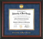 Image of University of West Georgia Diploma Frame - Rosewood - w/24k Gold Plated Medallion UWG Name Embossing - Royal Blue Suede on Gold Mat