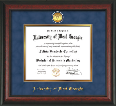 Image of University of West Georgia Diploma Frame - Rosewood - w/24k Gold Plated Medallion UWG Name Embossing - Royal Blue Suede on Gold Mat