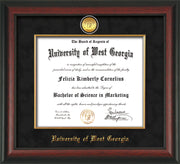 Image of University of West Georgia Diploma Frame - Rosewood - w/24k Gold Plated Medallion & Fillet - w/UWG Name Embossing - Black Suede Mat