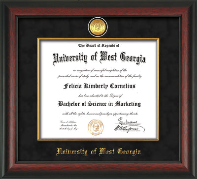 Image of University of West Georgia Diploma Frame - Rosewood - w/24k Gold Plated Medallion & Fillet - w/UWG Name Embossing - Black Suede Mat
