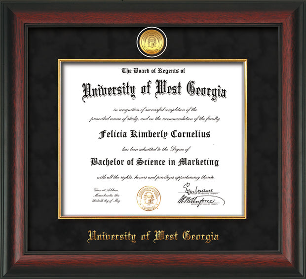 Image of University of West Georgia Diploma Frame - Rosewood - w/24k Gold Plated Medallion & Fillet - w/UWG Name Embossing - Black Suede Mat