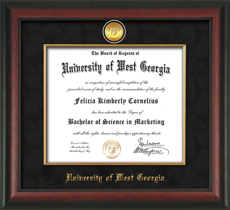 Image of University of West Georgia Diploma Frame - Rosewood - w/24k Gold Plated Medallion & Fillet - w/UWG Name Embossing - Black Suede Mat