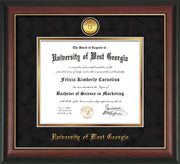 Image of University of West Georgia Diploma Frame - Rosewood w/Gold Lip - w/24k Gold Plated Medallion UWG Name Embossing - Black Suede on Gold Mat