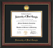 Image of University of West Georgia Diploma Frame - Rosewood w/Gold Lip - w/24k Gold Plated Medallion UWG Name Embossing - Black on Gold Mat