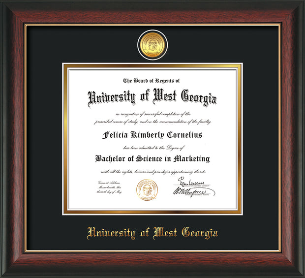Image of University of West Georgia Diploma Frame - Rosewood w/Gold Lip - w/24k Gold Plated Medallion UWG Name Embossing - Black on Gold Mat