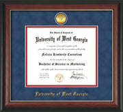 Image of University of West Georgia Diploma Frame - Rosewood w/Gold Lip - w/24k Gold Plated Medallion UWG Name Embossing - Royal Blue Suede on Crimson Mat