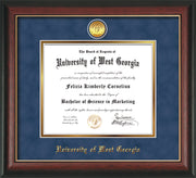 Image of University of West Georgia Diploma Frame - Rosewood w/Gold Lip - w/24k Gold Plated Medallion UWG Name Embossing - Royal Blue Suede on Gold Mat