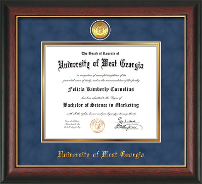 Image of University of West Georgia Diploma Frame - Rosewood w/Gold Lip - w/24k Gold Plated Medallion UWG Name Embossing - Royal Blue Suede on Gold Mat