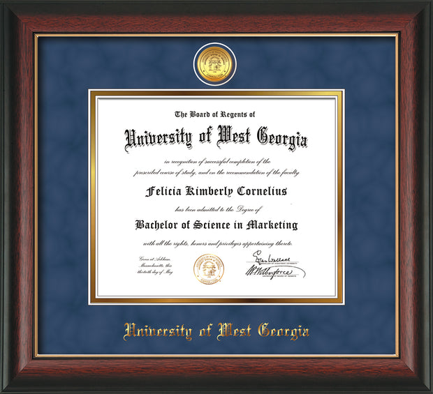 Image of University of West Georgia Diploma Frame - Rosewood w/Gold Lip - w/24k Gold Plated Medallion UWG Name Embossing - Royal Blue Suede on Gold Mat