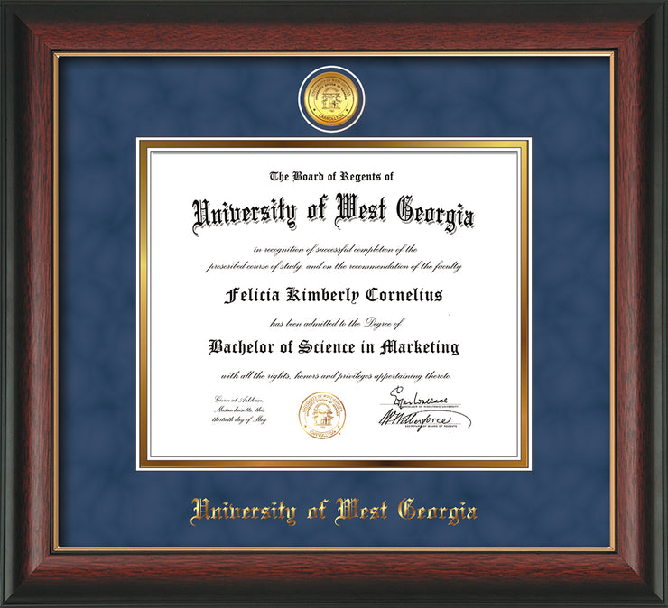 Image of University of West Georgia Diploma Frame - Rosewood w/Gold Lip - w/24k Gold Plated Medallion UWG Name Embossing - Royal Blue Suede on Gold Mat