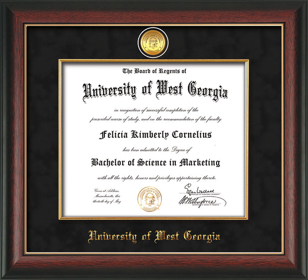 Image of University of West Georgia Diploma Frame - Rosewood w/Gold Lip - w/24k Gold Plated Medallion & Fillet - w/UWG Name Embossing - Black Suede Mat