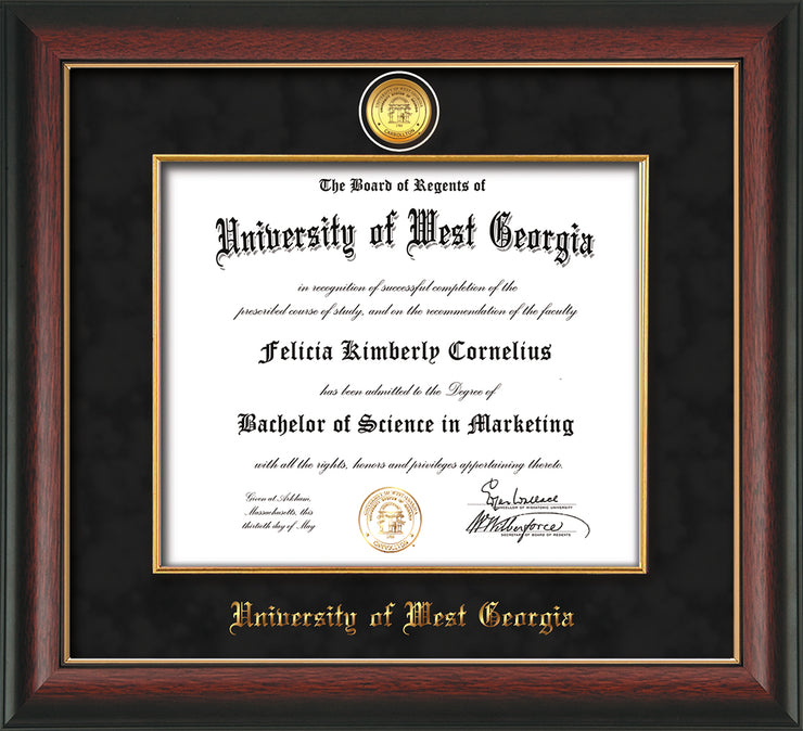 Image of University of West Georgia Diploma Frame - Rosewood w/Gold Lip - w/24k Gold Plated Medallion & Fillet - w/UWG Name Embossing - Black Suede Mat