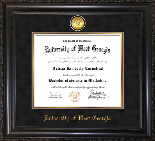 Image of University of West Georgia Diploma Frame - Vintage Black Scoop - w/24k Gold Plated Medallion UWG Name Embossing - Black Suede on Gold Mat