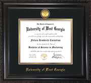 Image of University of West Georgia Diploma Frame - Vintage Black Scoop - w/24k Gold Plated Medallion UWG Name Embossing - Black on Gold Mat