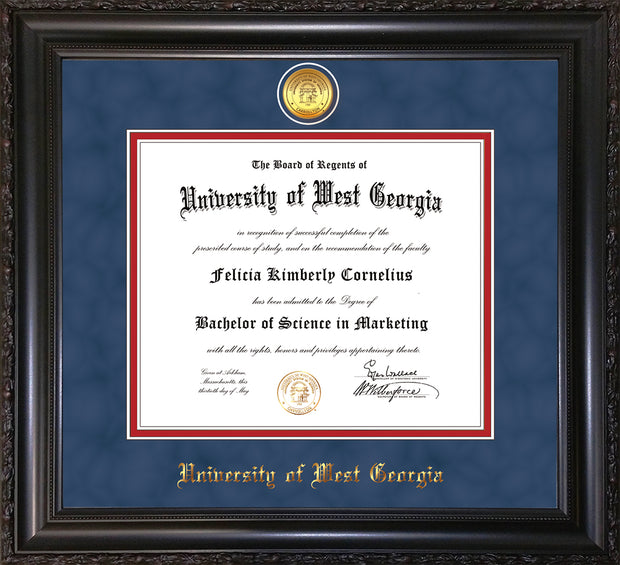 Image of University of West Georgia Diploma Frame - Vintage Black Scoop - w/24k Gold Plated Medallion UWG Name Embossing - Royal Blue Suede on Crimson Mat