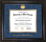 Image of University of West Georgia Diploma Frame - Vintage Black Scoop - w/24k Gold Plated Medallion UWG Name Embossing - Royal Blue Suede on Gold Mat