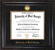 Image of University of West Georgia Diploma Frame - Vintage Black Scoop - w/24k Gold Plated Medallion & Fillet - w/UWG Name Embossing - Black Suede Mat