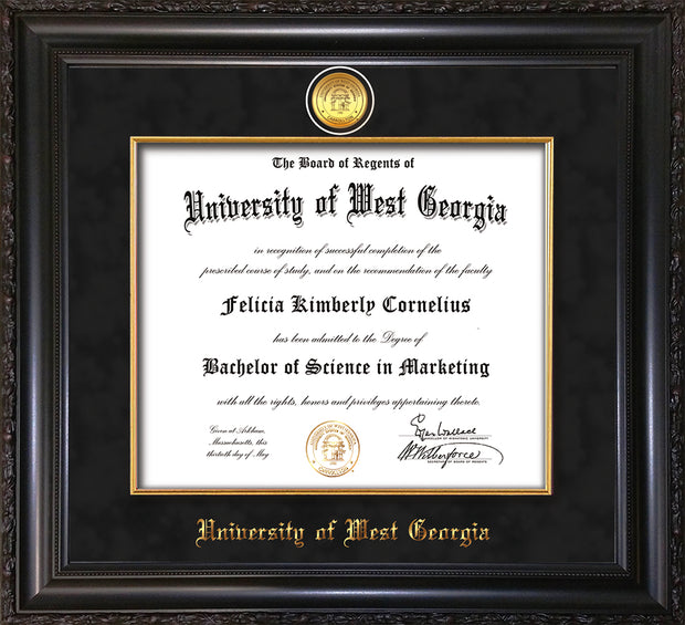 Image of University of West Georgia Diploma Frame - Vintage Black Scoop - w/24k Gold Plated Medallion & Fillet - w/UWG Name Embossing - Black Suede Mat