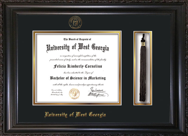 Image of University of West Georgia Diploma Frame - Vintage Black Scoop - w/UWG Embossed Seal & Name - Tassel Holder - Black on Gold mat