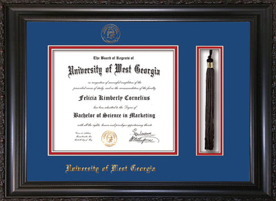 Image of University of West Georgia Diploma Frame - Vintage Black Scoop - w/UWG Embossed Seal & Name - Tassel Holder - Royal Blue on Crimson mat