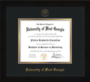 Image of University of West Georgia Diploma Frame - Flat Matte Black - w/UWG Embossed Seal & Name - Black on Gold mat