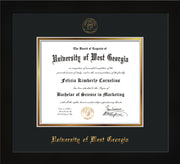 Image of University of West Georgia Diploma Frame - Flat Matte Black - w/UWG Embossed Seal & Name - Black on Gold mat