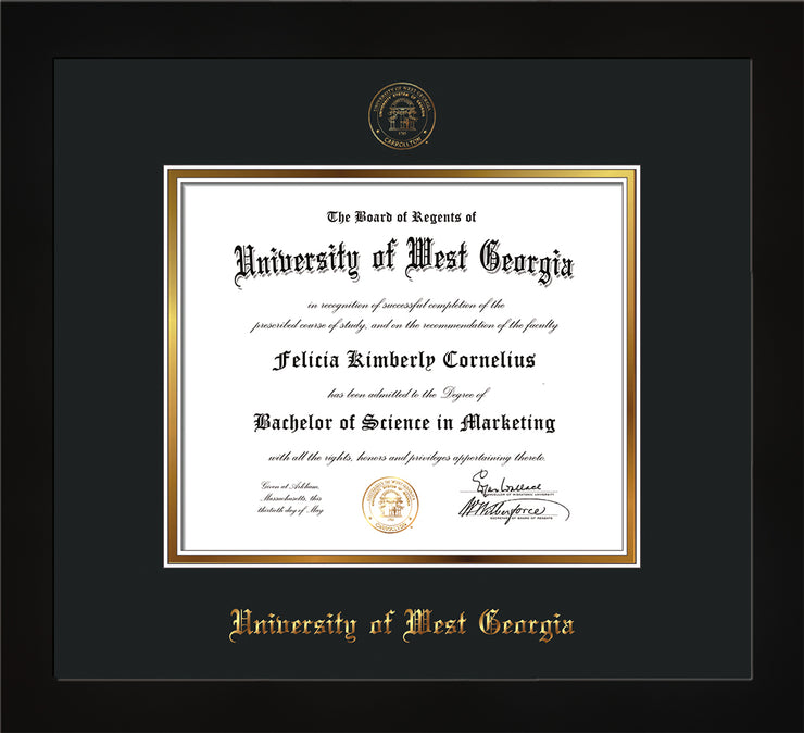 Image of University of West Georgia Diploma Frame - Flat Matte Black - w/UWG Embossed Seal & Name - Black on Gold mat