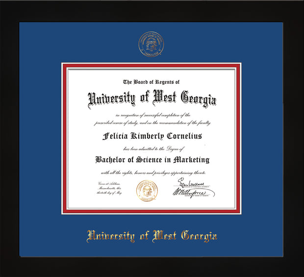 Image of University of West Georgia Diploma Frame - Flat Matte Black - w/UWG Embossed Seal & Name - Royal Blue on Crimson mat