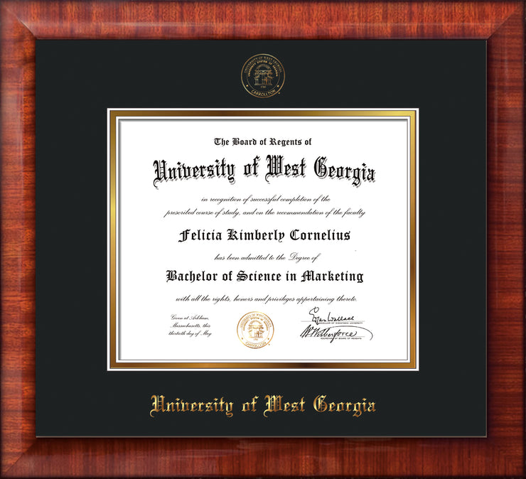 Image of University of West Georgia Diploma Frame - Mezzo Gloss - w/UWG Embossed Seal & Name - Black on Gold mat