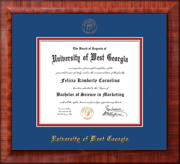 Image of University of West Georgia Diploma Frame - Mezzo Gloss - w/UWG Embossed Seal & Name - Royal Blue on Crimson mat