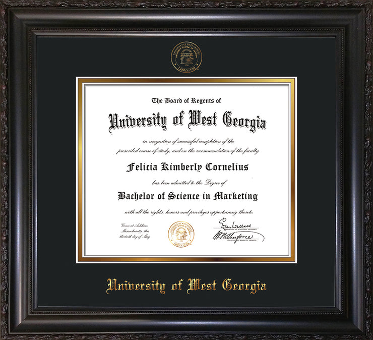 Image of University of West Georgia Diploma Frame - Vintage Black Scoop - w/UWG Embossed Seal & Name - Black on Gold mat