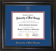 Image of University of West Georgia Diploma Frame - Vintage Black Scoop - w/UWG Embossed Seal & Name - Royal Blue on Crimson mat