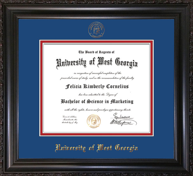 Image of University of West Georgia Diploma Frame - Vintage Black Scoop - w/UWG Embossed Seal & Name - Royal Blue on Crimson mat