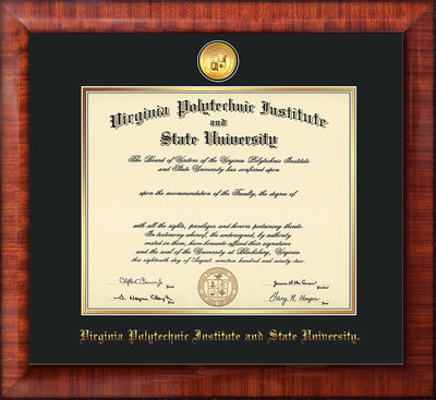 Image of Virginia Tech Diploma Frame - Mezzo Gloss - w/24k Gold-Plated Medallion VT Name Embossing - Black on Gold mats