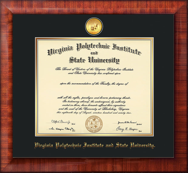 Image of Virginia Tech Diploma Frame - Mezzo Gloss - w/24k Gold-Plated Medallion VT Name Embossing - Black on Gold mats