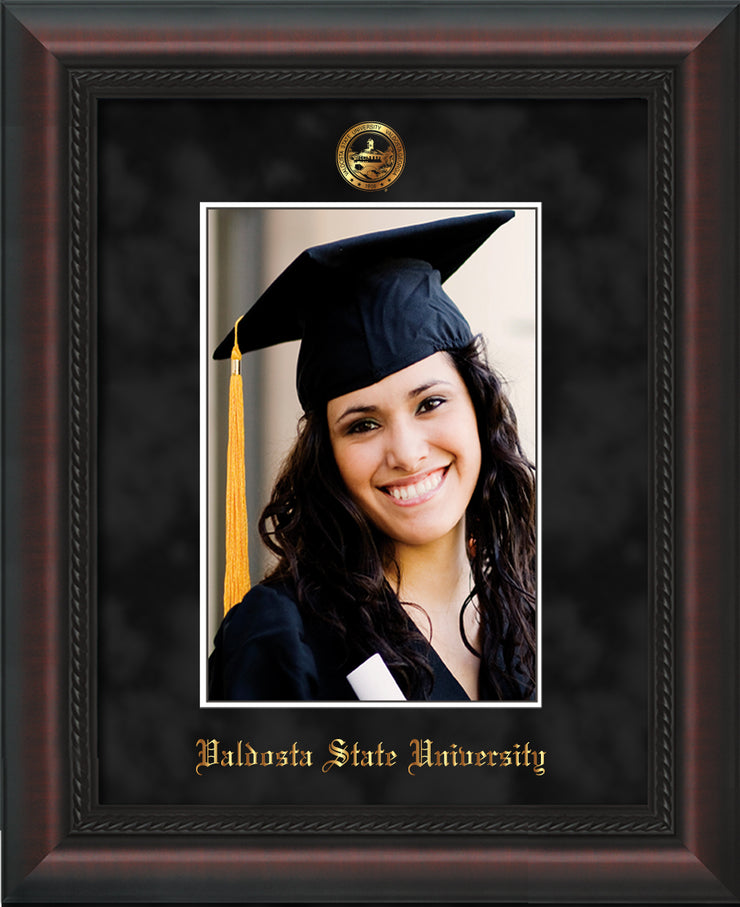 Image of Valdosta State University 5 x 7 Photo Frame - Mahogany Braid - w/Official Embossing of VSU Seal & Name - Single Black Suede mat