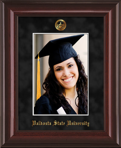 Image of Valdosta State University 5 x 7 Photo Frame - Mahogany Lacquer - w/Official Embossing of VSU Seal & Name - Single Black Suede mat