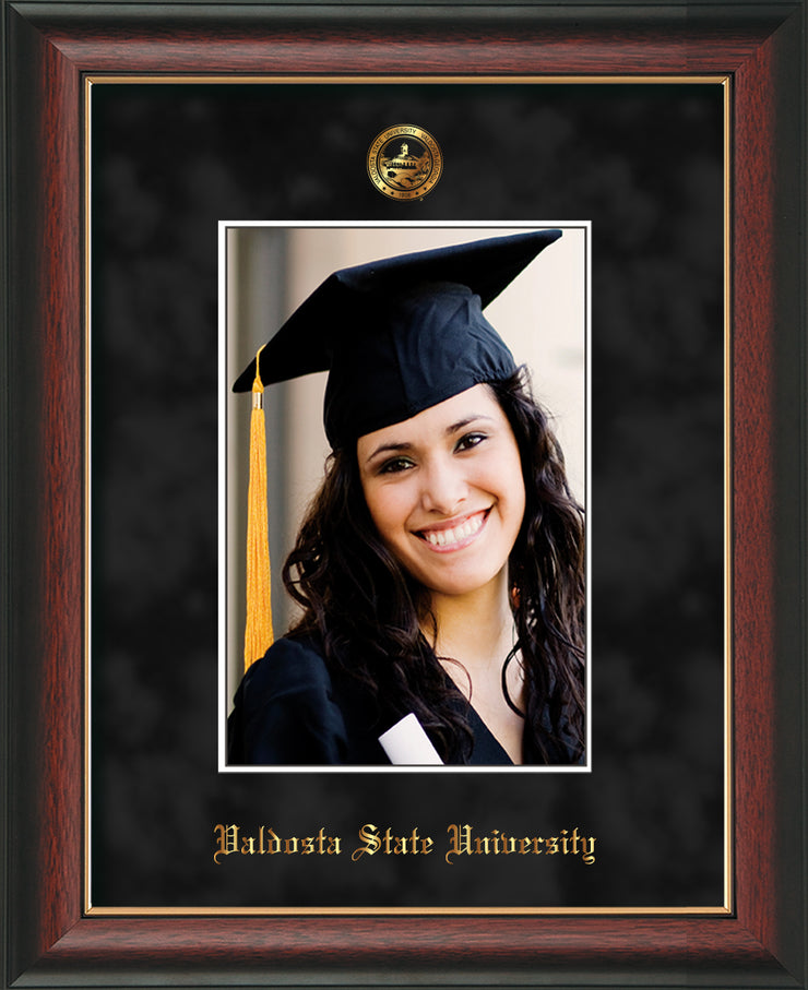 Image of Valdosta State University 5 x 7 Photo Frame - Rosewood w/Gold Lip - w/Official Embossing of VSU Seal & Name - Single Black Suede mat