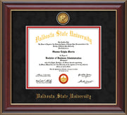 Image of Valdosta State University Diploma Frame - Cherry Lacquer - w/24k Gold-Plated Medallion VSU Name Embossing - Black Suede on Red mats