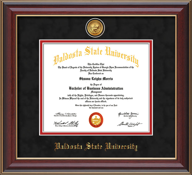 Image of Valdosta State University Diploma Frame - Cherry Lacquer - w/24k Gold-Plated Medallion VSU Name Embossing - Black Suede on Red mats