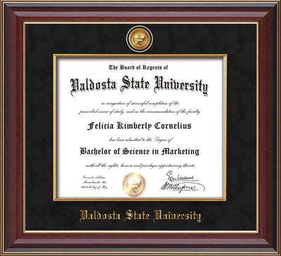 Image of Valdosta State University Diploma Frame - Cherry Lacquer - w/24k Gold-Plated Medallion & Fillet - w/VSU Name Embossing - Black Suede mat