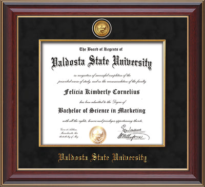Image of Valdosta State University Diploma Frame - Cherry Lacquer - w/24k Gold-Plated Medallion & Fillet - w/VSU Name Embossing - Black Suede mat