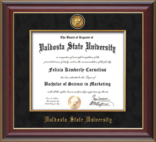 Image of Valdosta State University Diploma Frame - Cherry Lacquer - w/24k Gold-Plated Medallion & Fillet - w/VSU Name Embossing - Black Suede mat