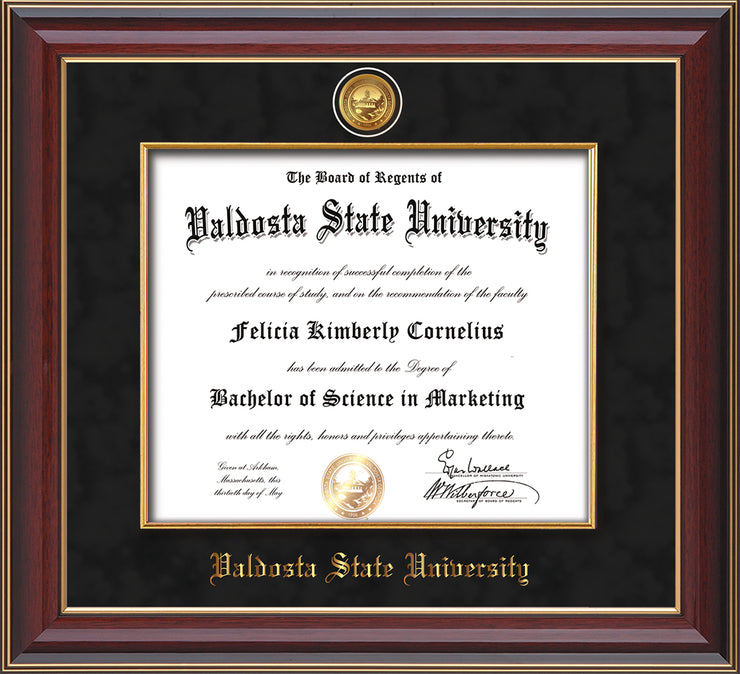 Image of Valdosta State University Diploma Frame - Cherry Lacquer - w/24k Gold-Plated Medallion & Fillet - w/VSU Name Embossing - Black Suede mat