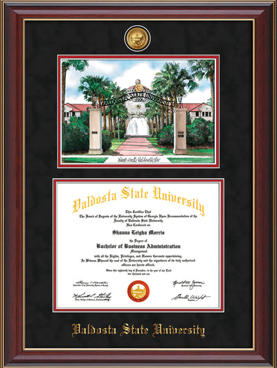Image of Valdosta State University Diploma Frame - Cherry Lacquer - w/24k Gold-Plated Medallion & Embossed School Name - Watercolor - Black Suede on Red mats